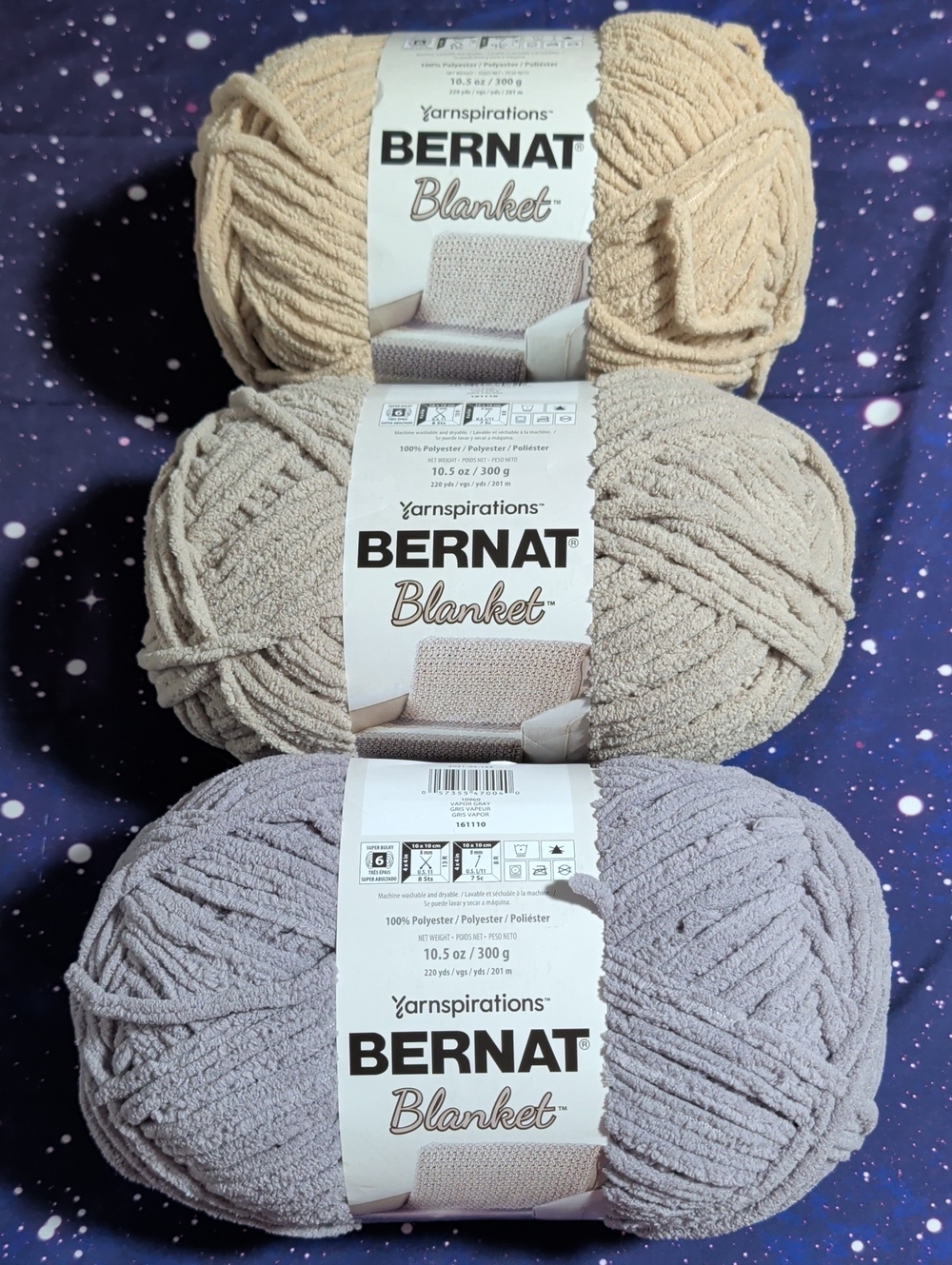 3 Brand New Skeins Bernat Blanket Yarn Almond Vapor Gray Pale Gray Smoke Free